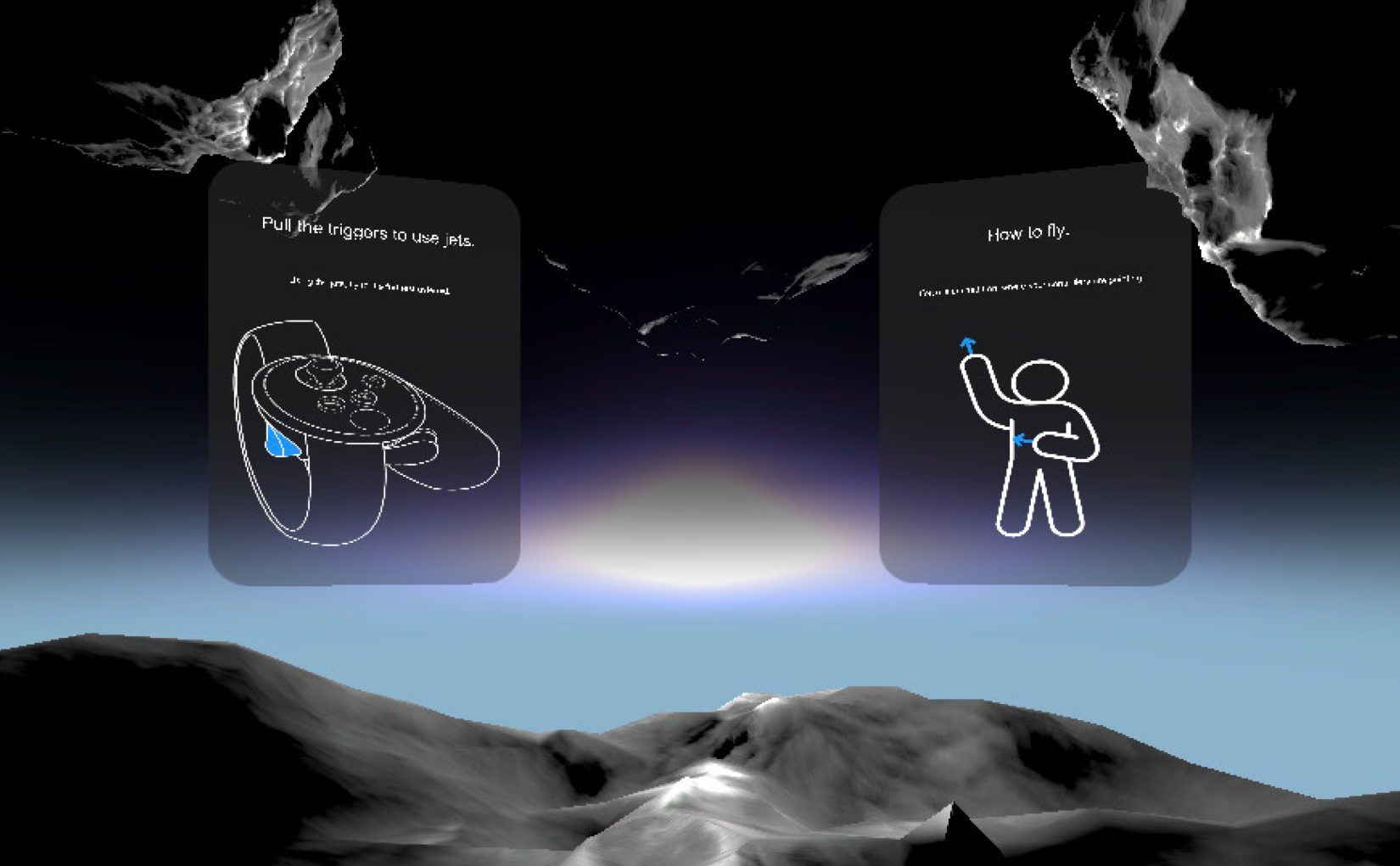 How to fly UI — VR controller trigger instruction and body movement diagram for propulsion mechanic