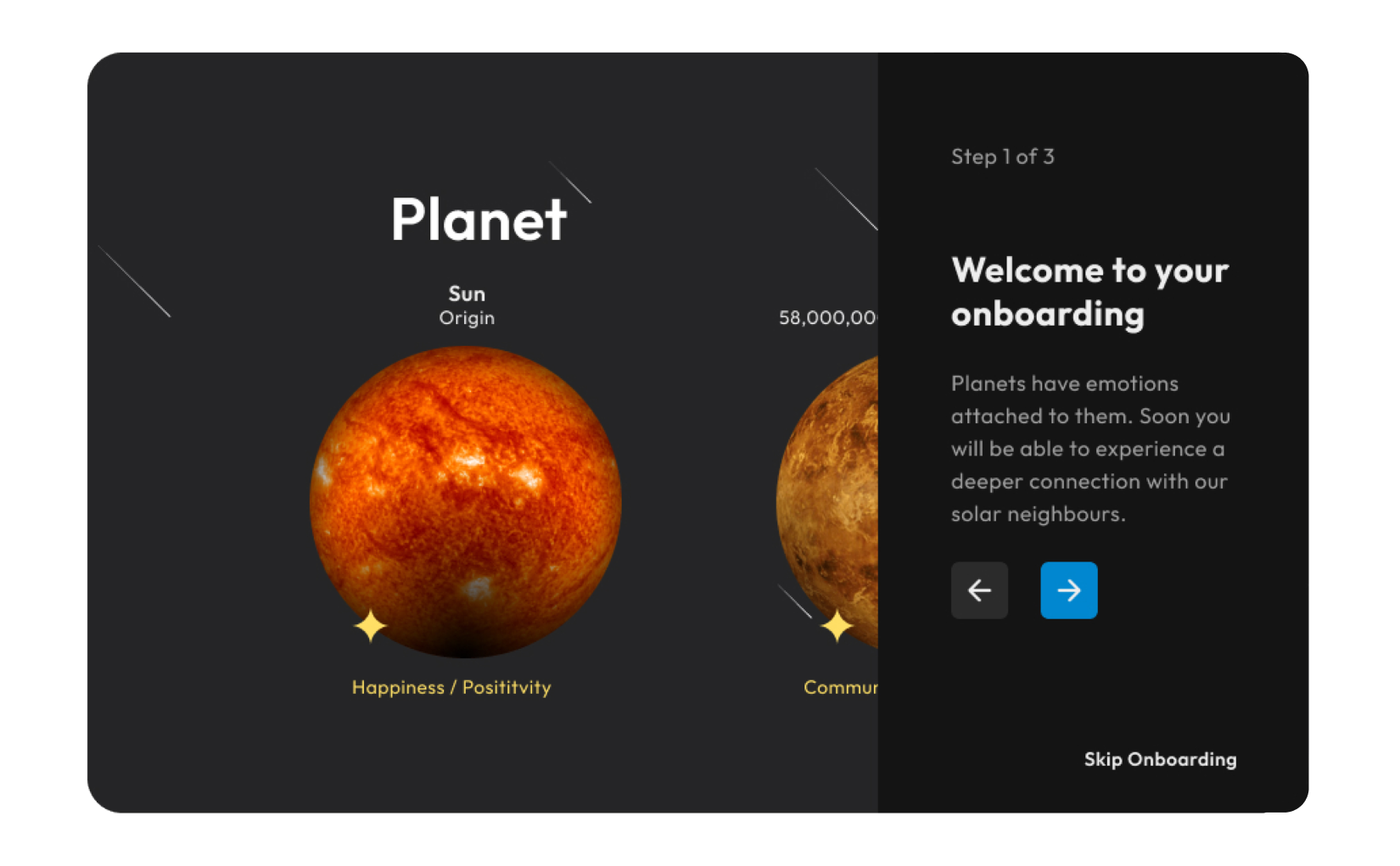 Beyond Bounds onboarding — Step 1 of 3, planets with emotions, Welcome to your onboarding