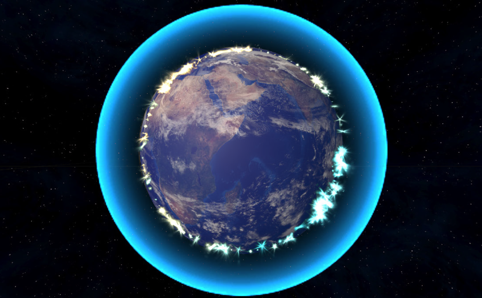 Planet Aura — Earth-like planet with vibrant blue aura and inner sparkles against starfield