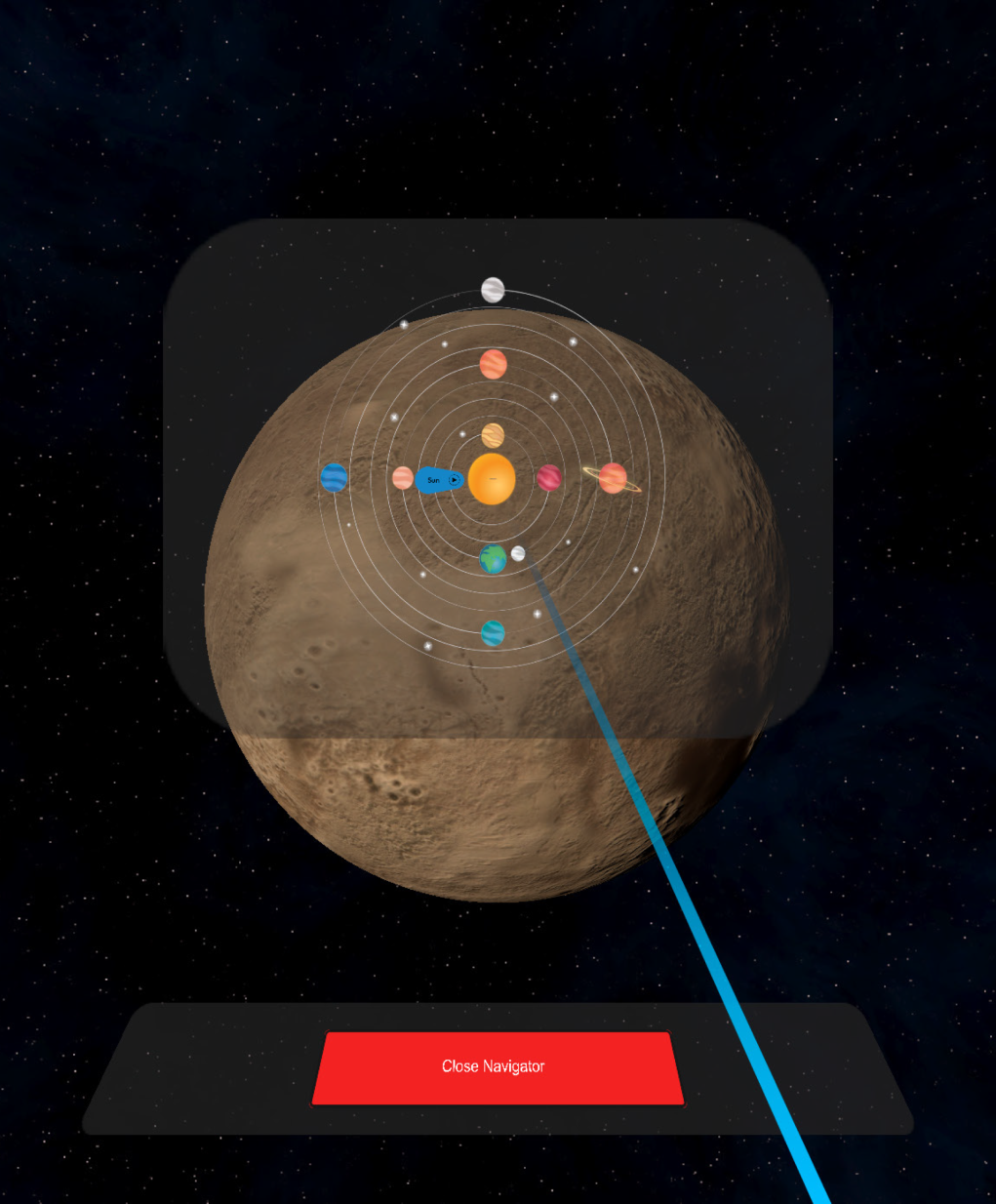 After — hand-anchored planet selection bar with Earth and celestial body icons
