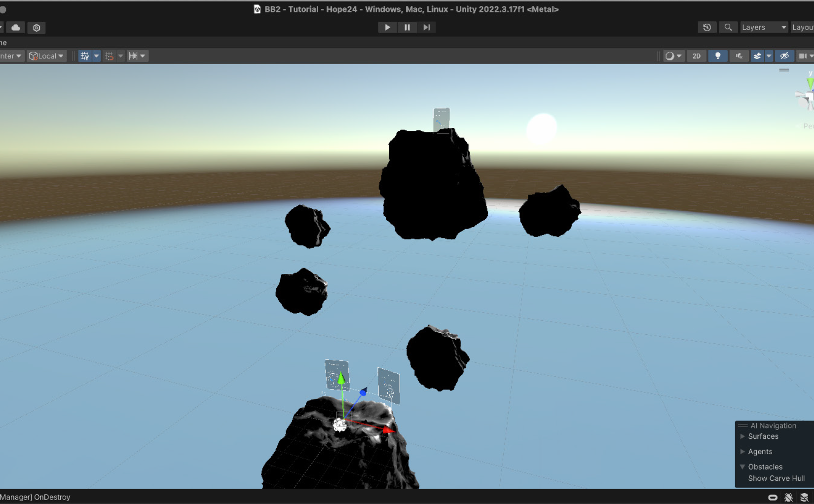 Unity Editor — BB2 Tutorial scene with floating asteroids, AI Navigation panel, and development environment