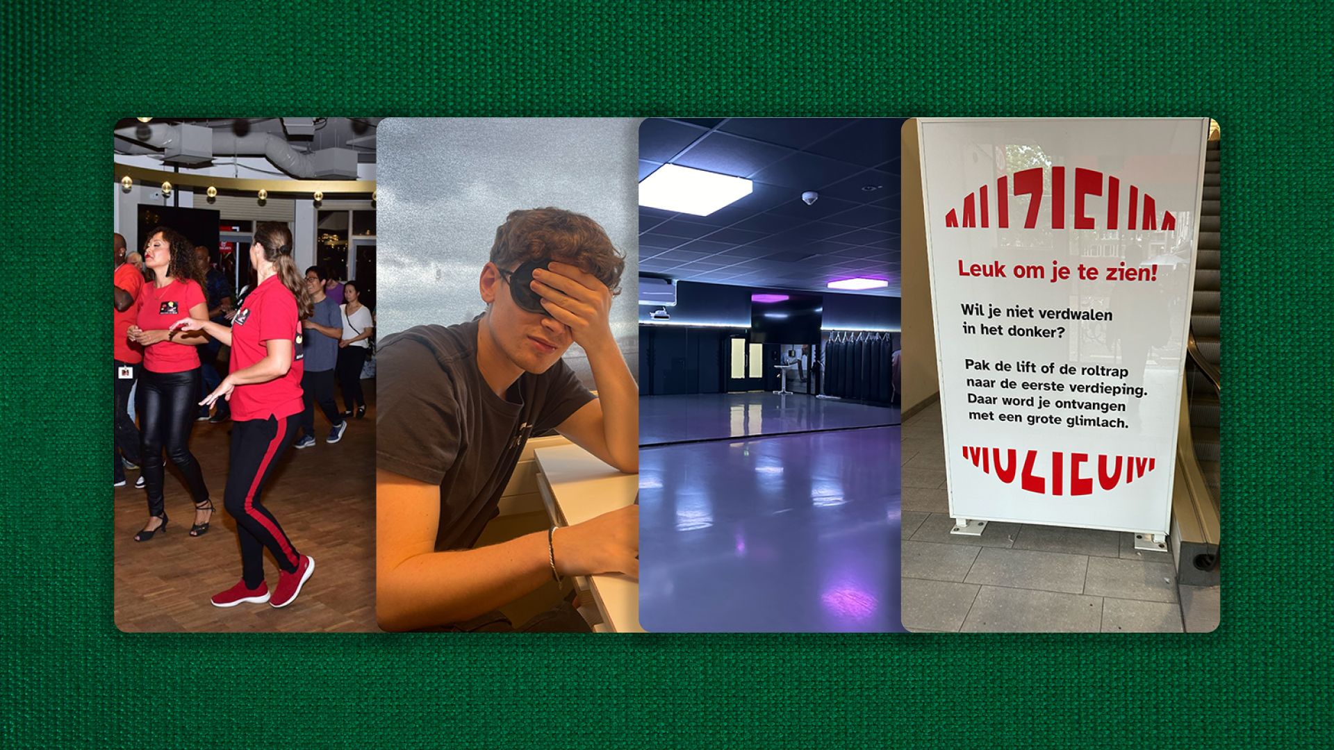 Field research collage — attending Blinde Liefde voor Salsa dance classes, blindfolded empathy exercise, empty dance studio, and the Muzieum in Nijmegen