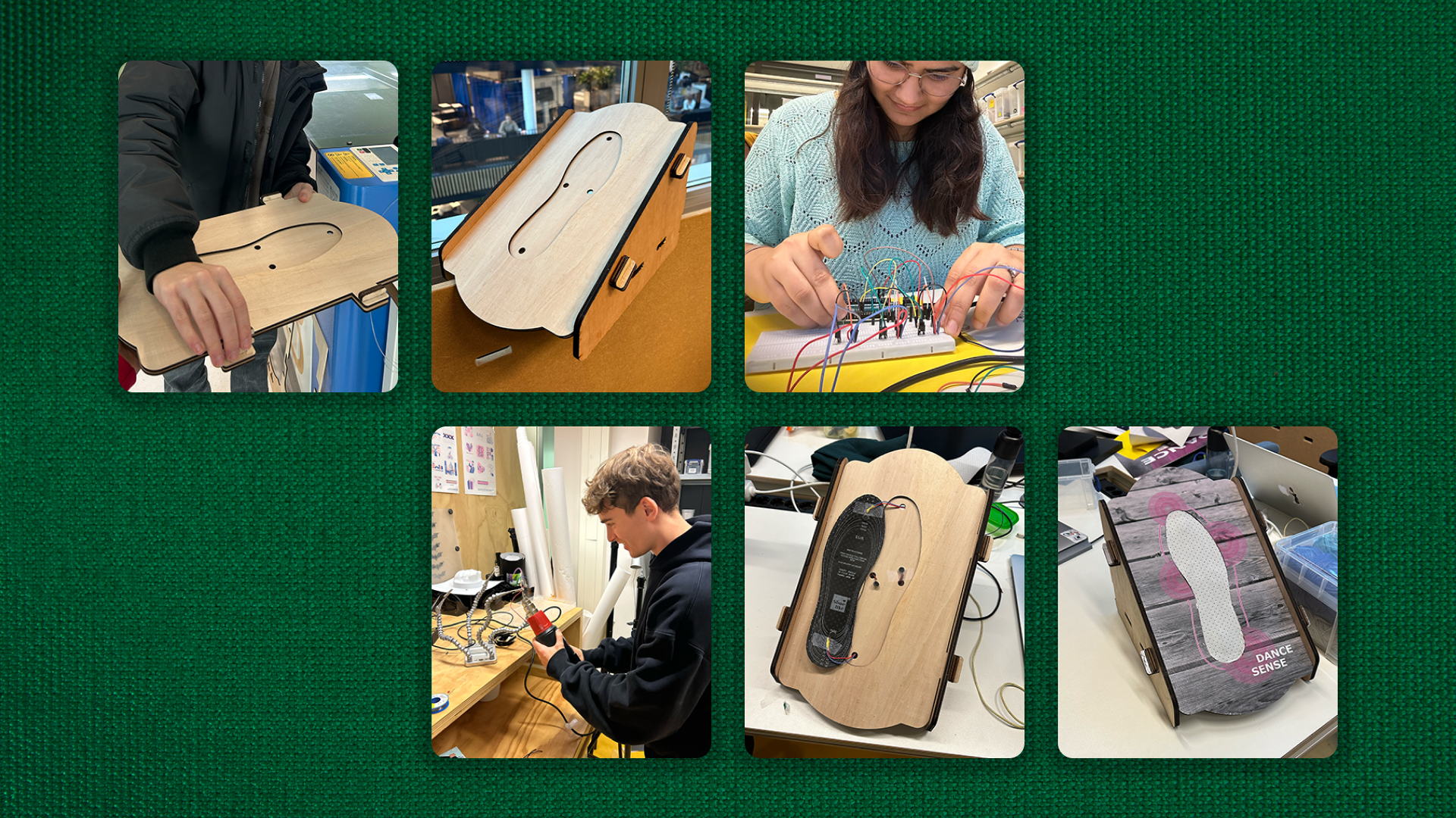 Prototype construction collage — laser-cut wooden footstool pieces, assembled footstool housing, team member wiring Arduino components, soldering, circuit board with vibration motors, and final DanceSense branded footstool