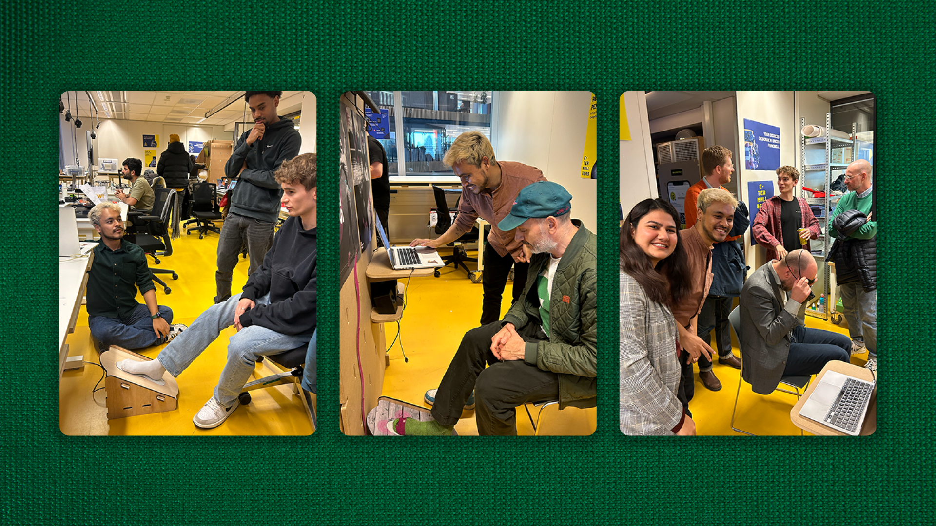 Gamification research on wood — Octalysis framework octagon, 6-step user journey storyboard, vibration frequency anticipation graph, and foot pressure heatmap