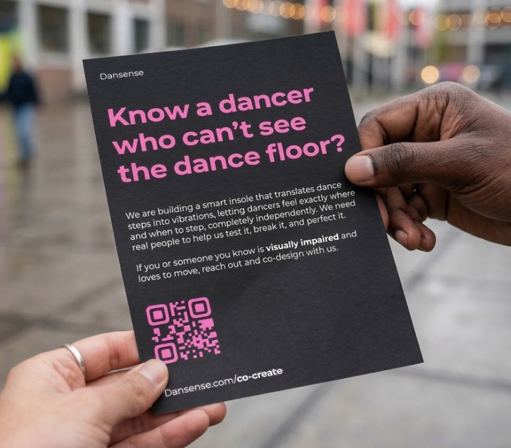 Dansense promotional flyer — 'Know a dancer who can't see the dance floor?' held by two people in urban setting