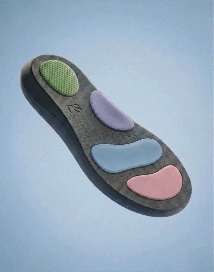 Dansense insole with contoured haptic feedback — pads at heel, arch, and forefoot sequentially inflate and deflate to guide foot placement