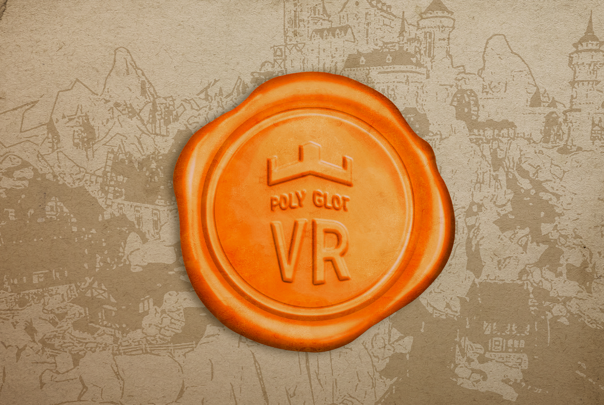 Polyglot VR — orange wax seal logo on parchment with medieval castle illustration