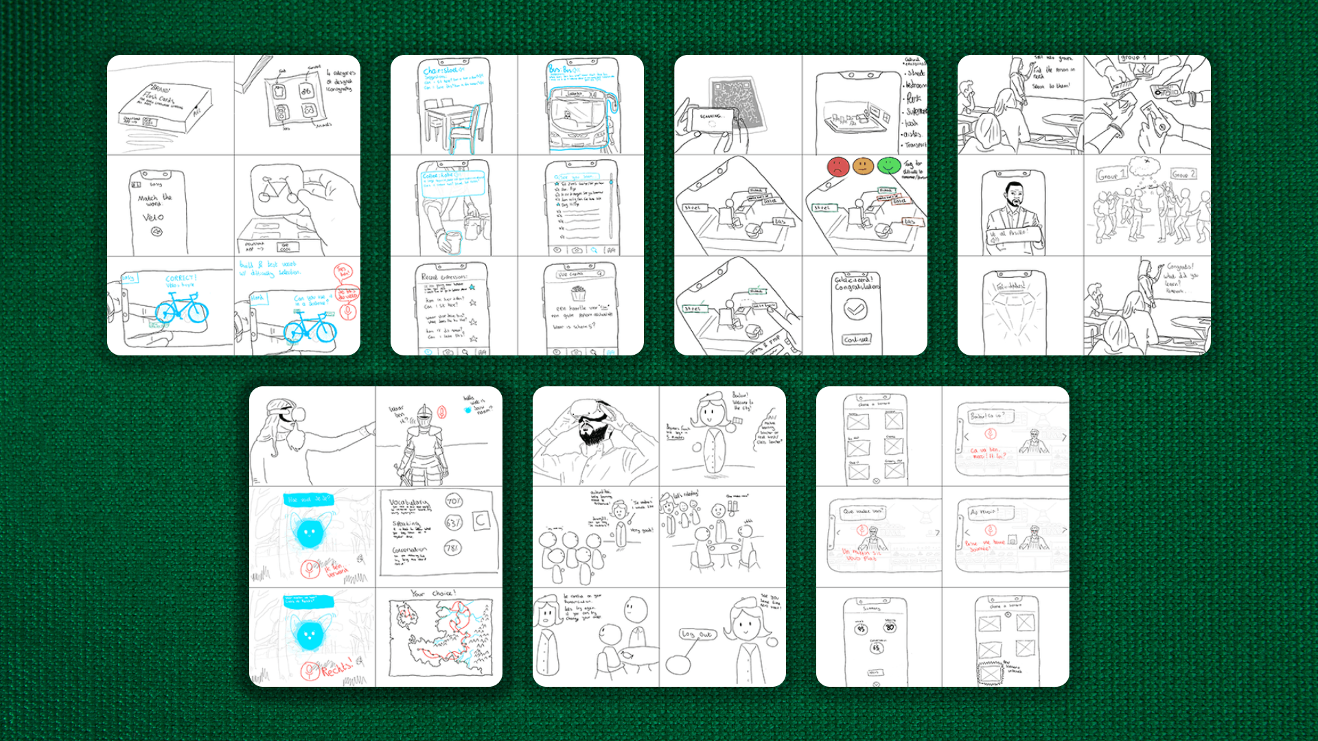 Seven concept storyboards sketched on paper, exploring AR flashcards, collaborative VR, and fantasy game scenarios