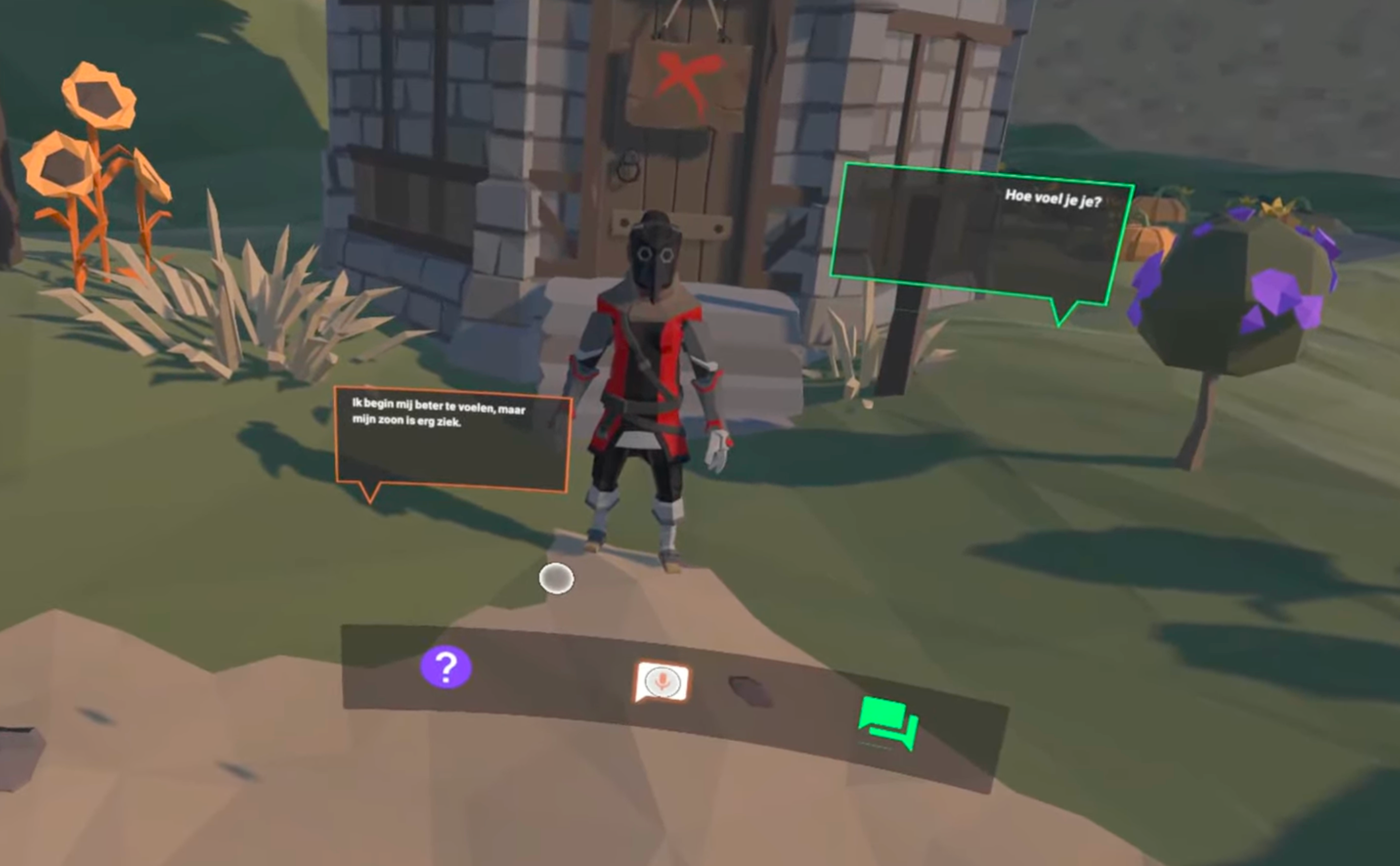 In-game dialogue — player speaking with NPC in low-poly VR environment, Dutch speech bubbles showing conversation exchange