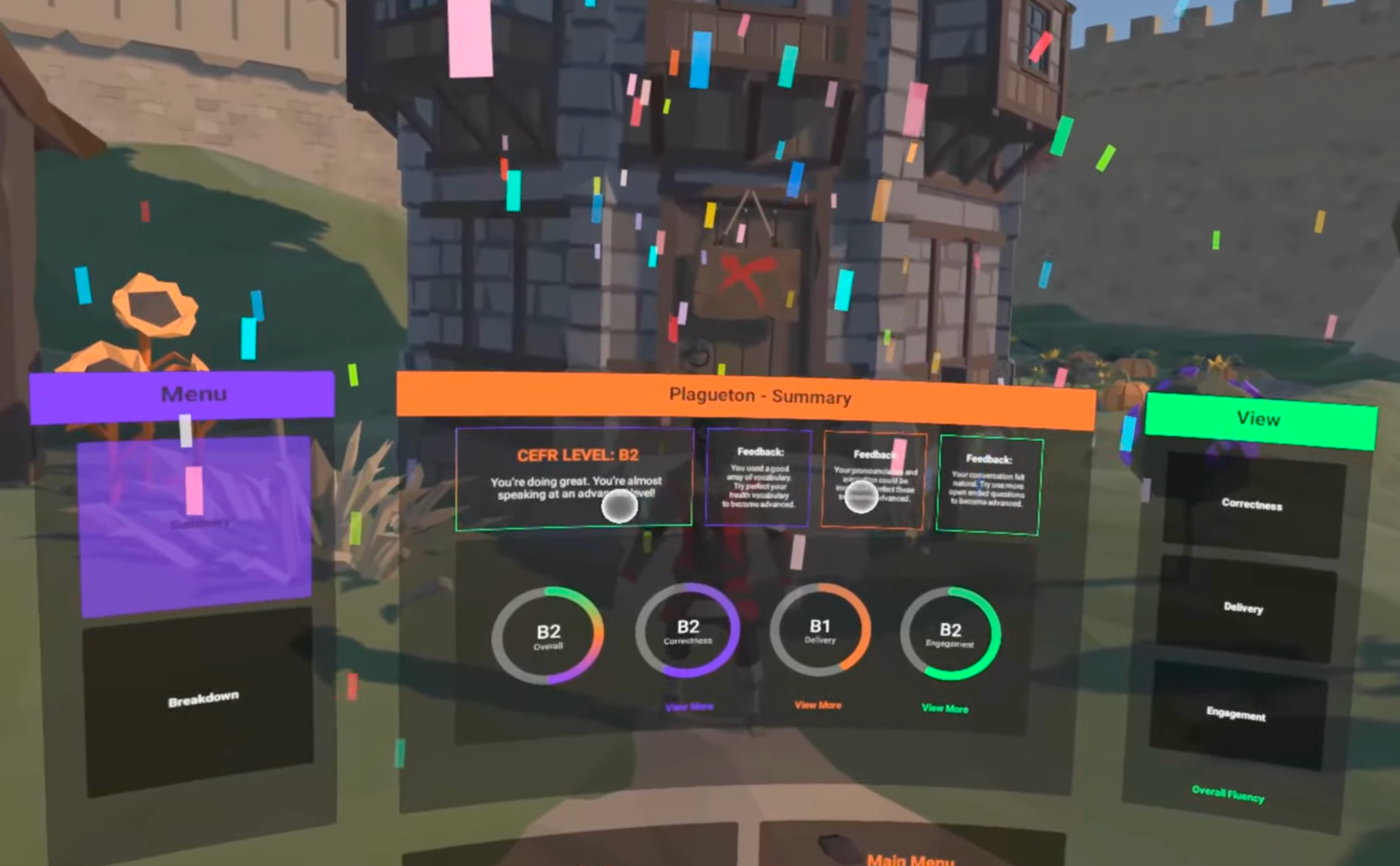 Plagueton Summary screen — CEFR level feedback, Correctness, Delivery, and Engagement metrics with actionable feedback cards