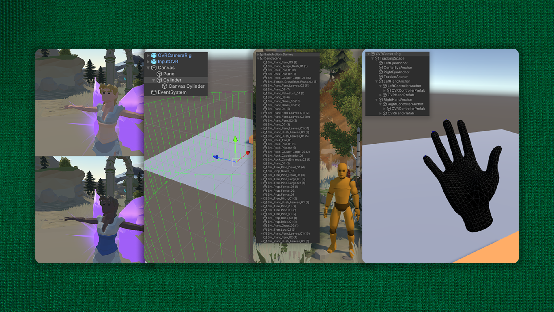 Unity development screenshots showing NPC character rigging, environment setup, and hand-tracking mesh integration