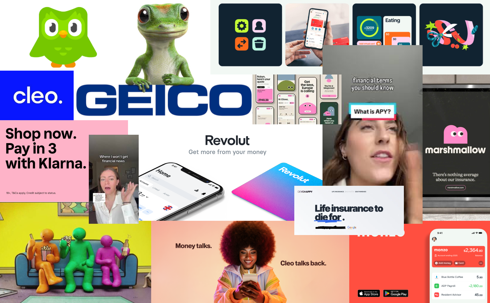 Savemoremoney moodboard — Duolingo owl, GEICO gecko, Marshmallow, Cleo, Revolut, Monzo, and Klarna; mascot branding, fintech UI, and informal financial communication