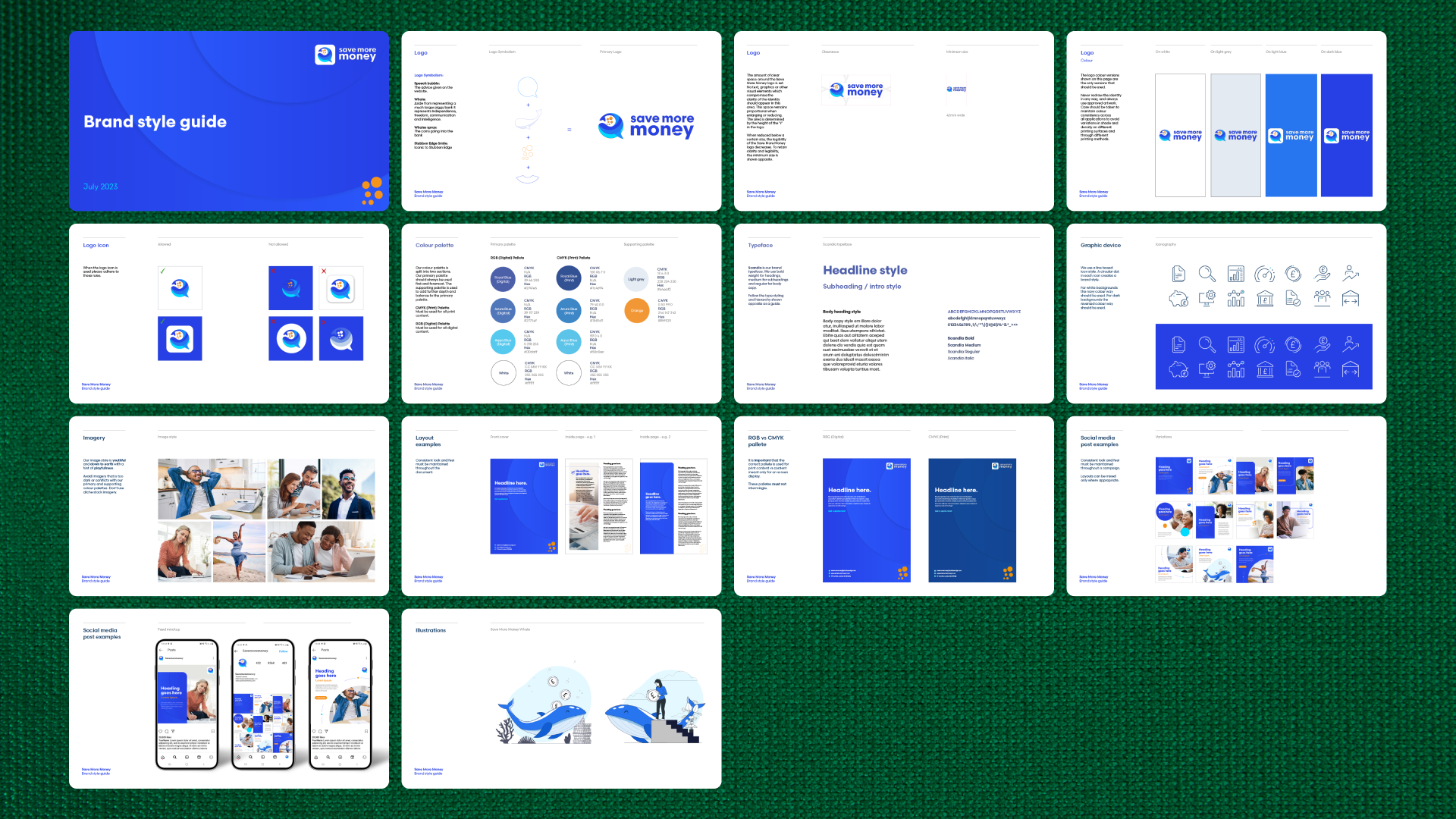 Savemoremoney brand style guide — colour palette (Royal Blue, Azure, Aqua, Orange), Scandia typeface, and logo construction rules