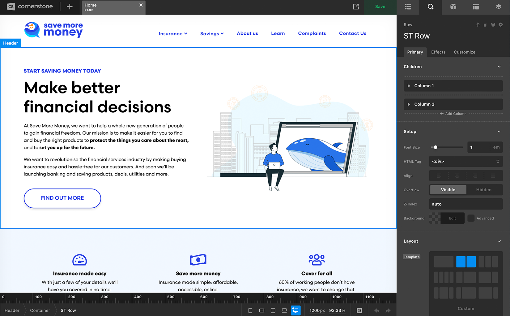 Cornerstone CMS editor showing the Savemoremoney homepage being built with the whale mascot hero section