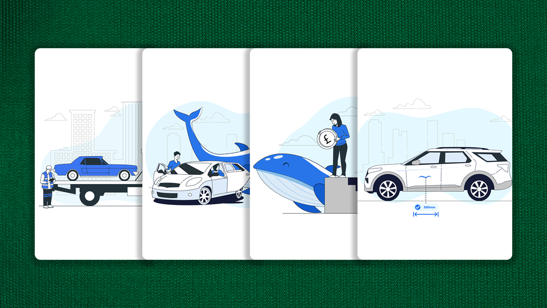 Four custom brand illustrations — tow truck recovery, car with whale mascot, woman climbing stairs with coin, and car gap measurement diagram