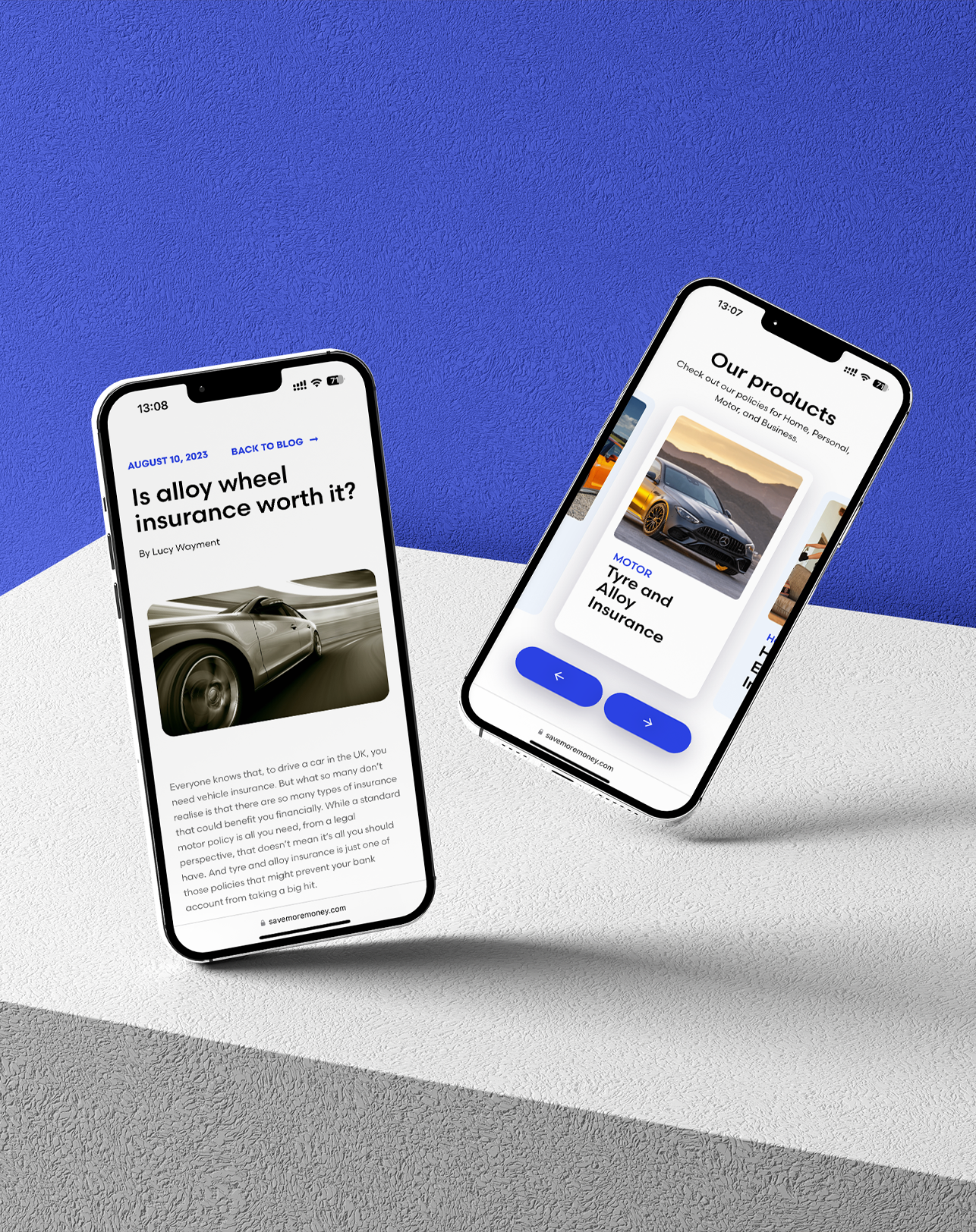 Savemoremoney blog and product carousel — mobile-first layout with Stories-style tap-through format