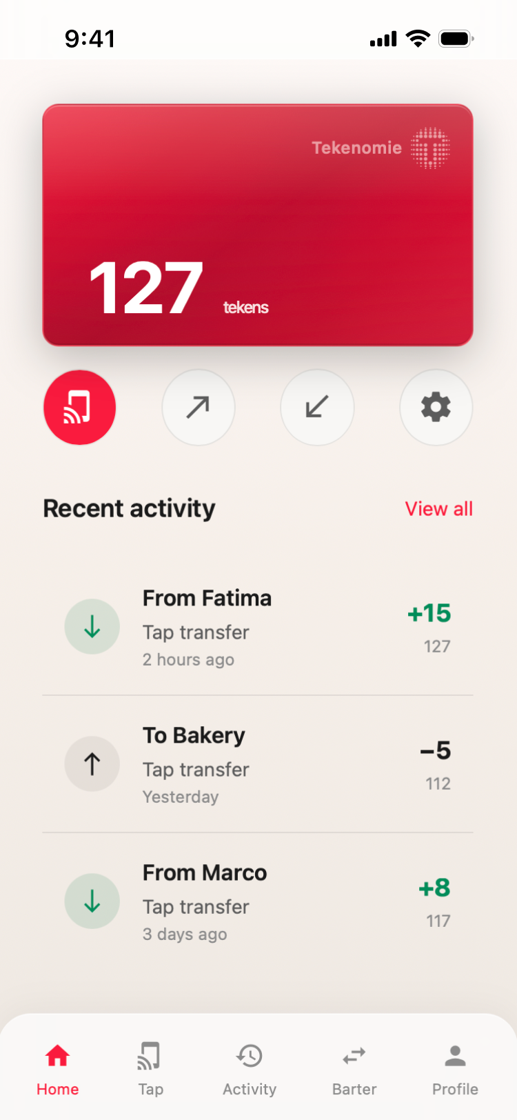 Buur Home — token balance and recent activity
