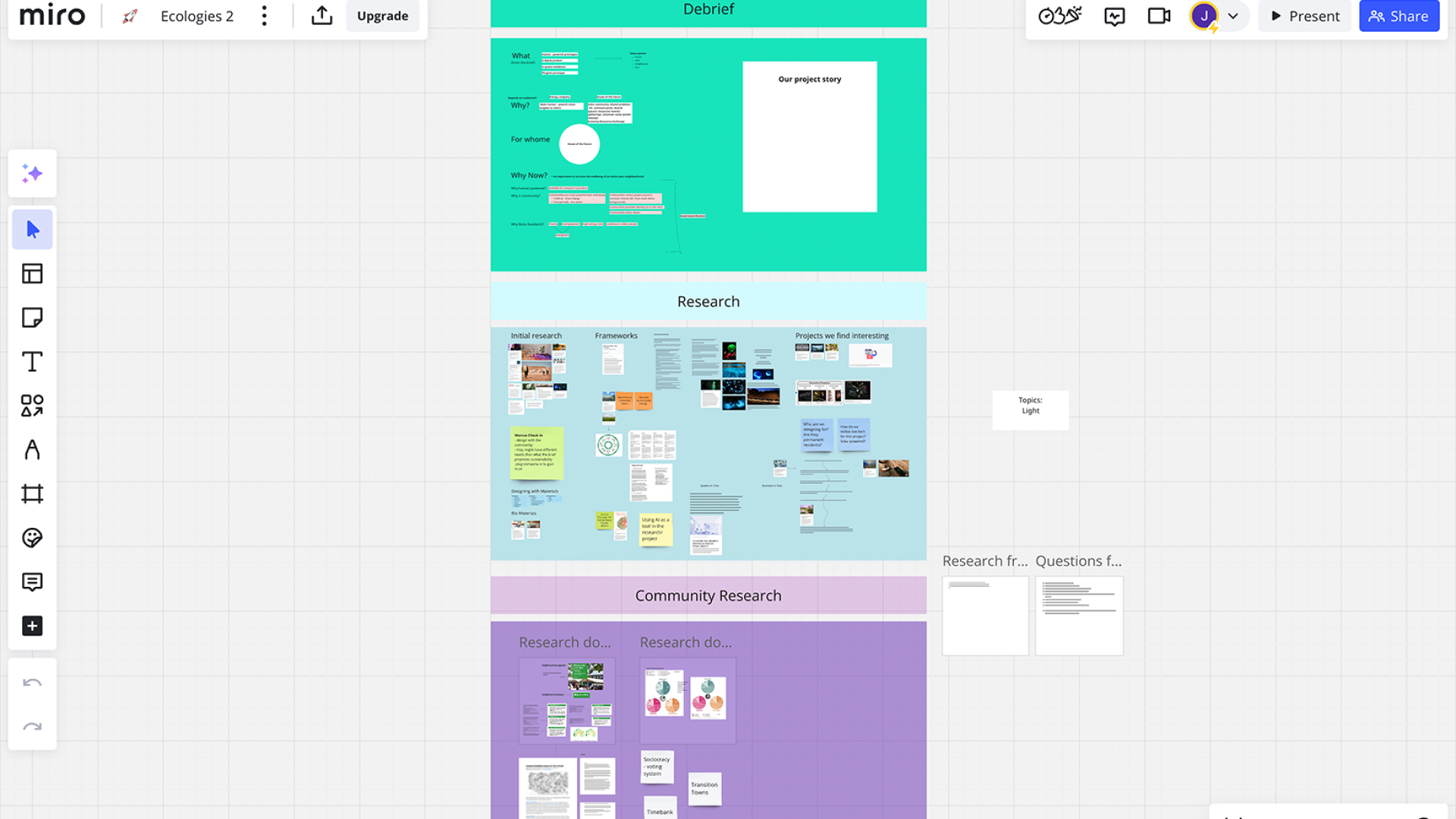 Miro board — debrief, initial research, frameworks, and community research including Tekenomie and Transition Towns