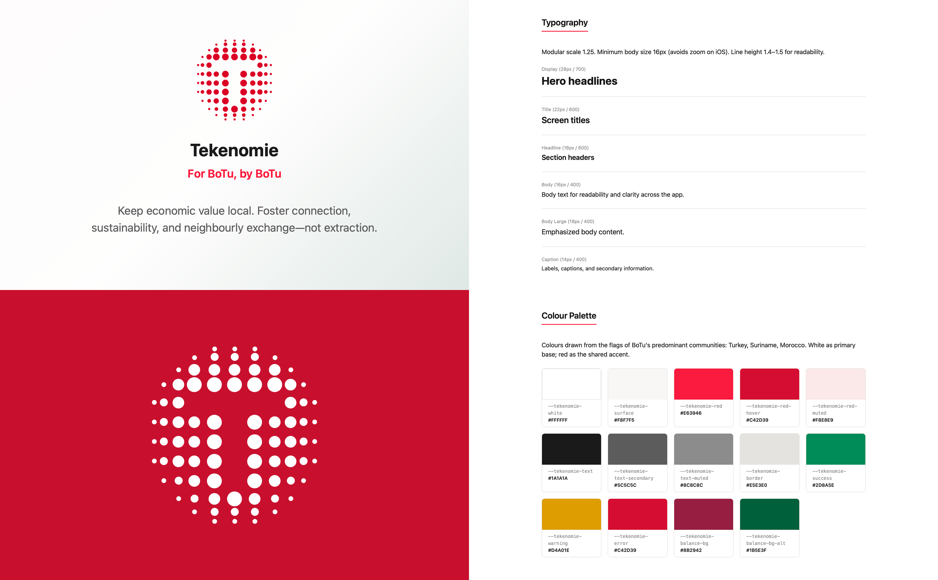 Tekenomie brand guidelines — logo, tagline, typography scale, and colour palette drawn from BoTu communities