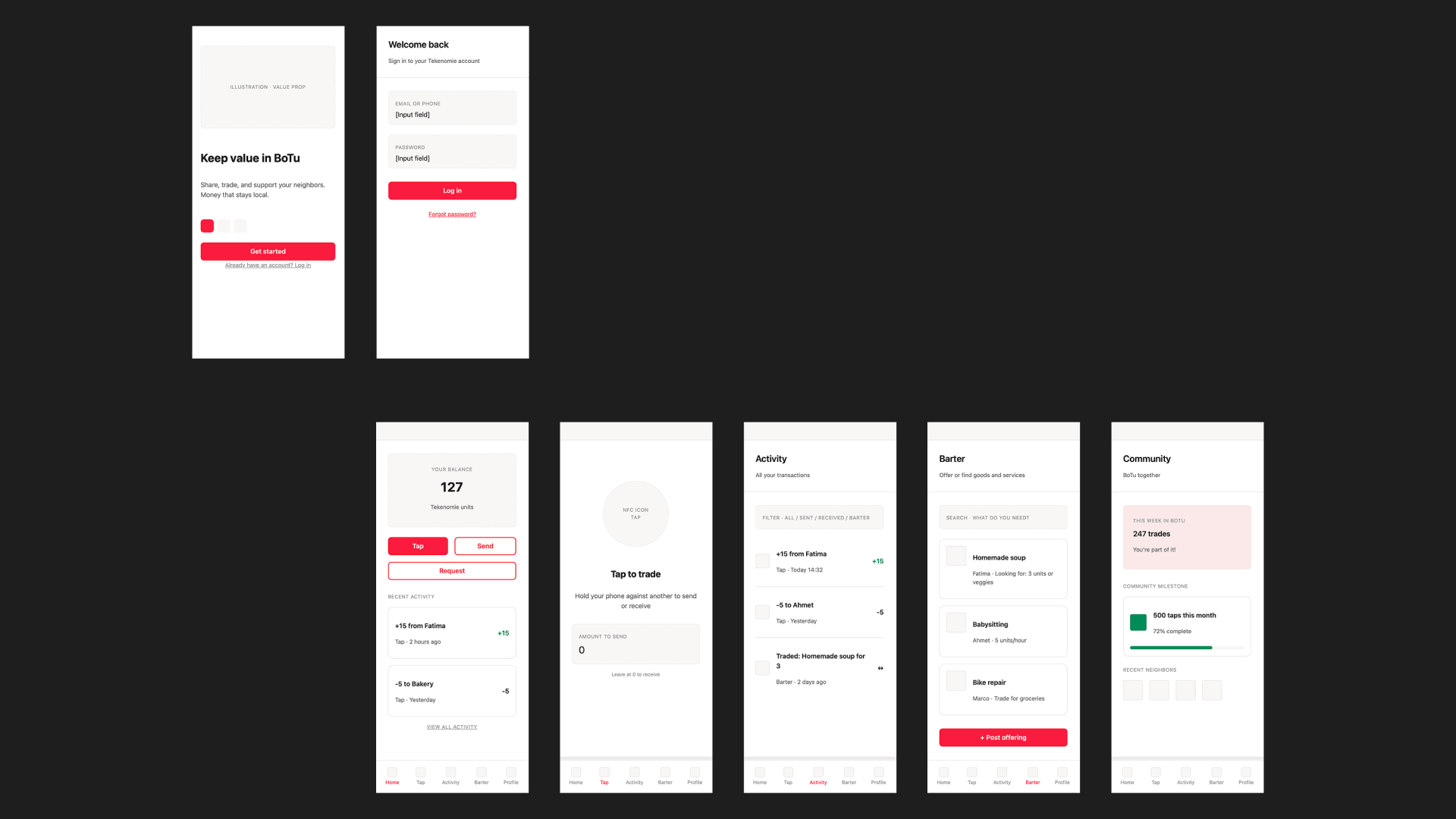 Tekenomie low-fidelity wireframes — onboarding, login, home balance, tap to trade, activity, barter, and community screens