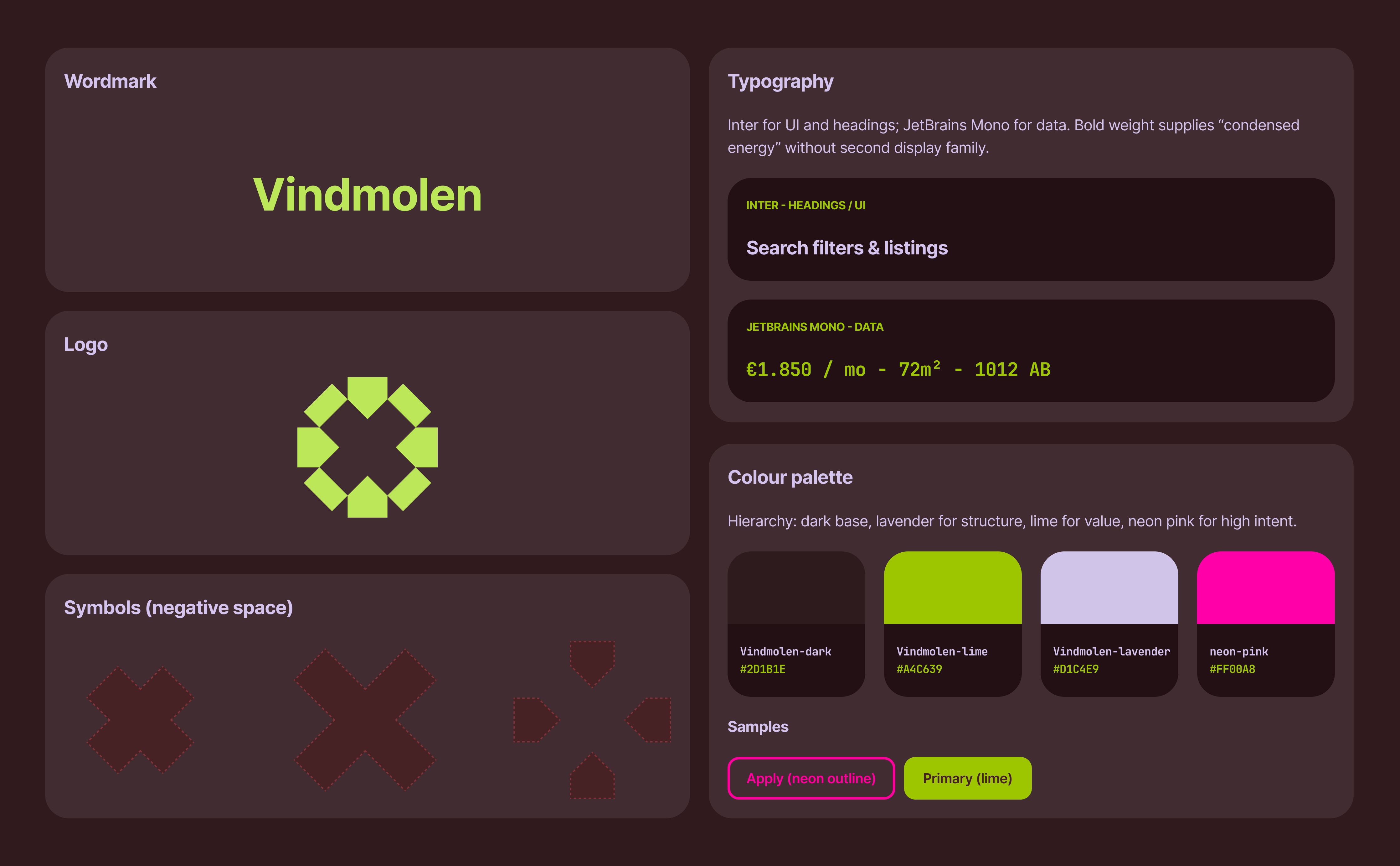 Vindmolen brand at a glance — wordmark, logo, typography, palette, and UI samples