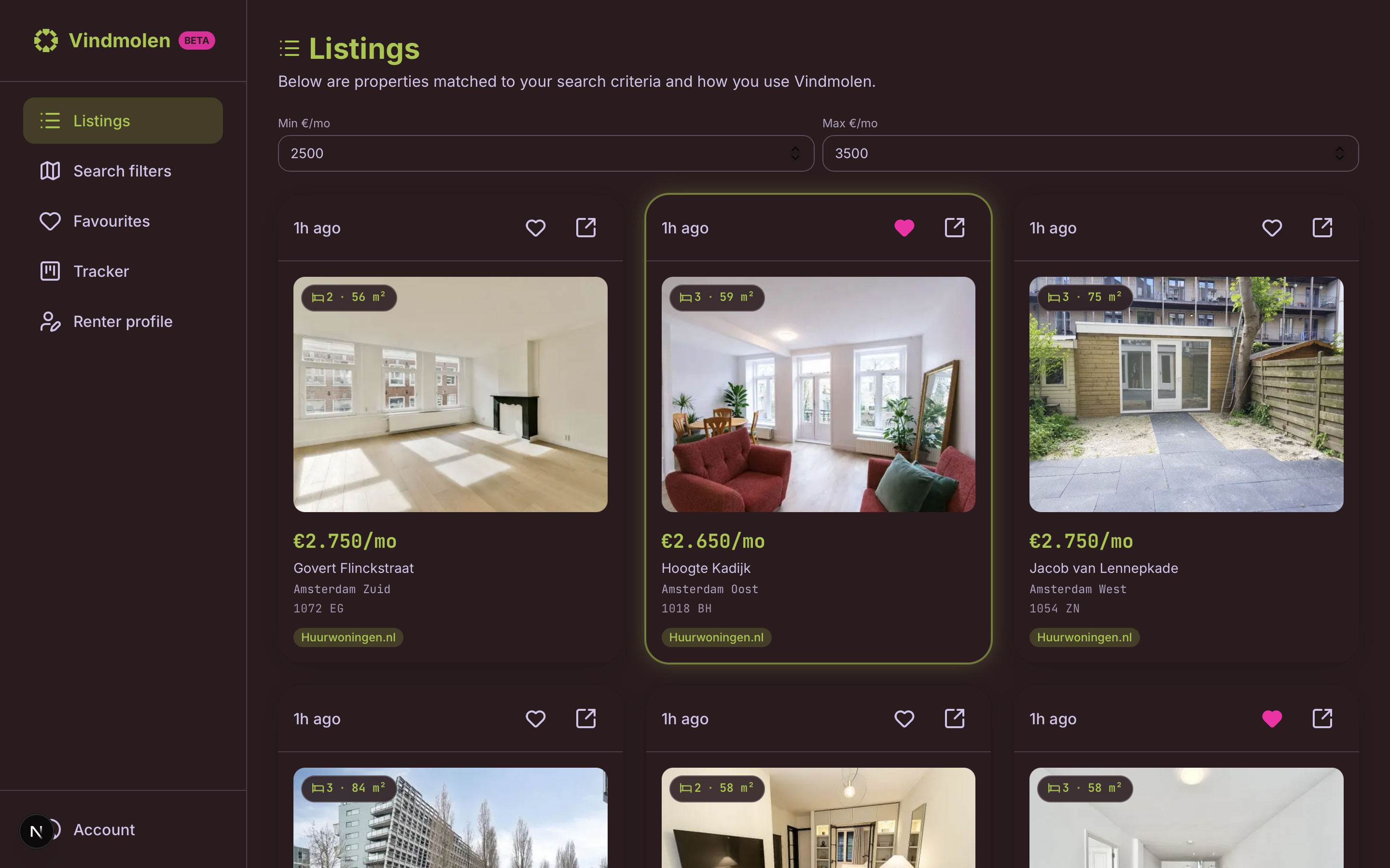 Vindmolen — Listings: high-impact listing cards