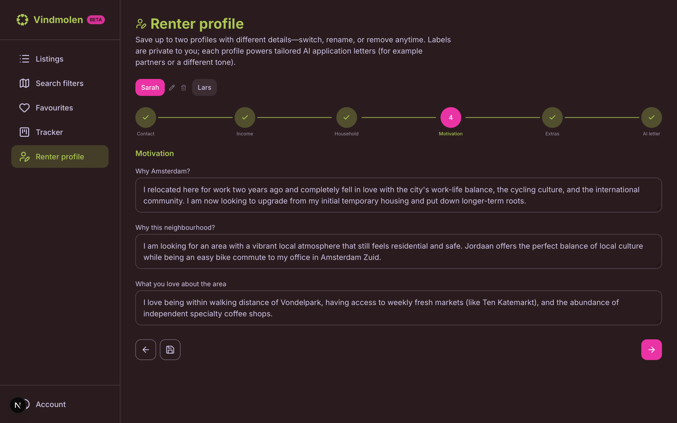 Vindmolen — Renter profile: multi-step journey