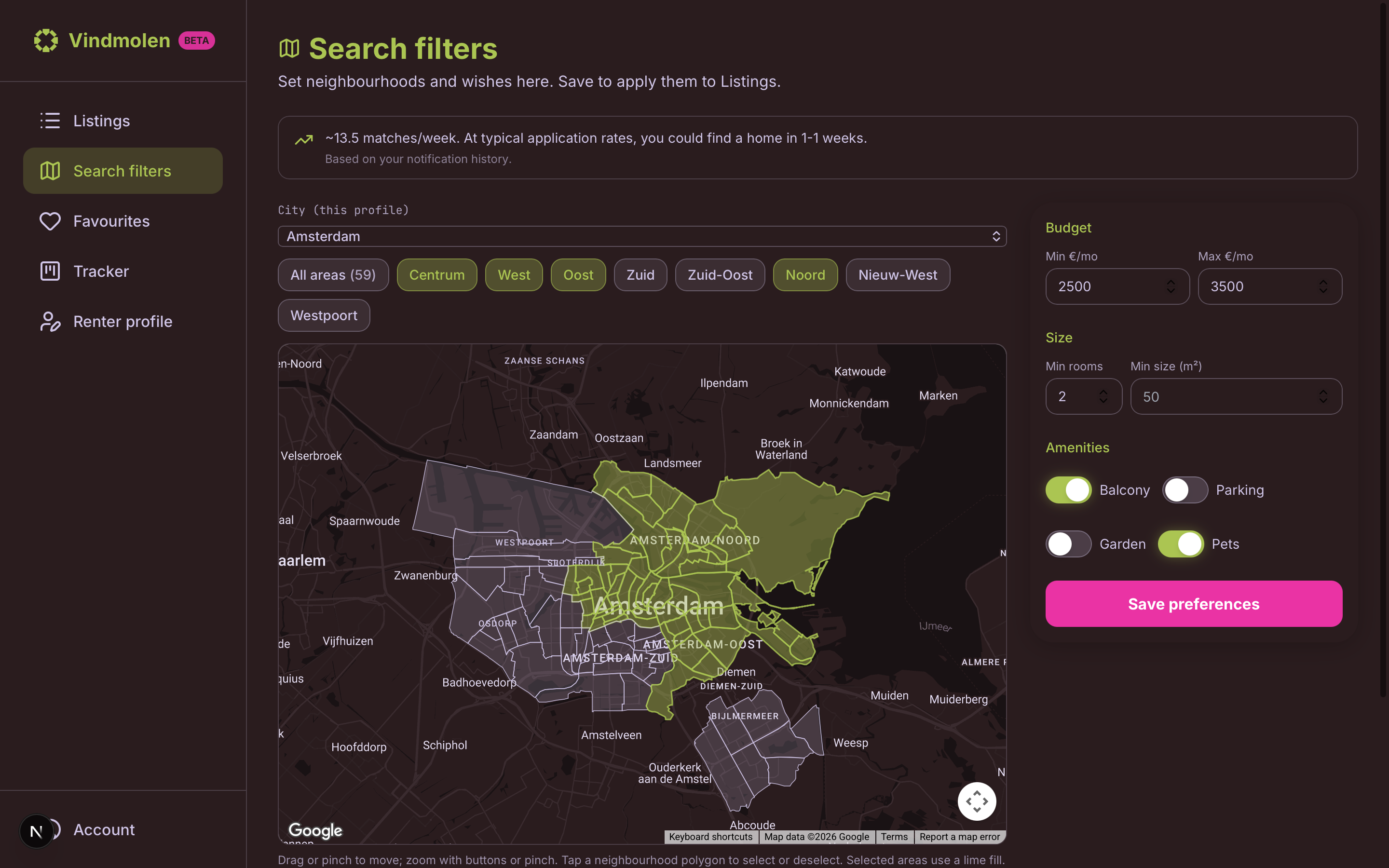 Vindmolen — Search filters: map-based interface