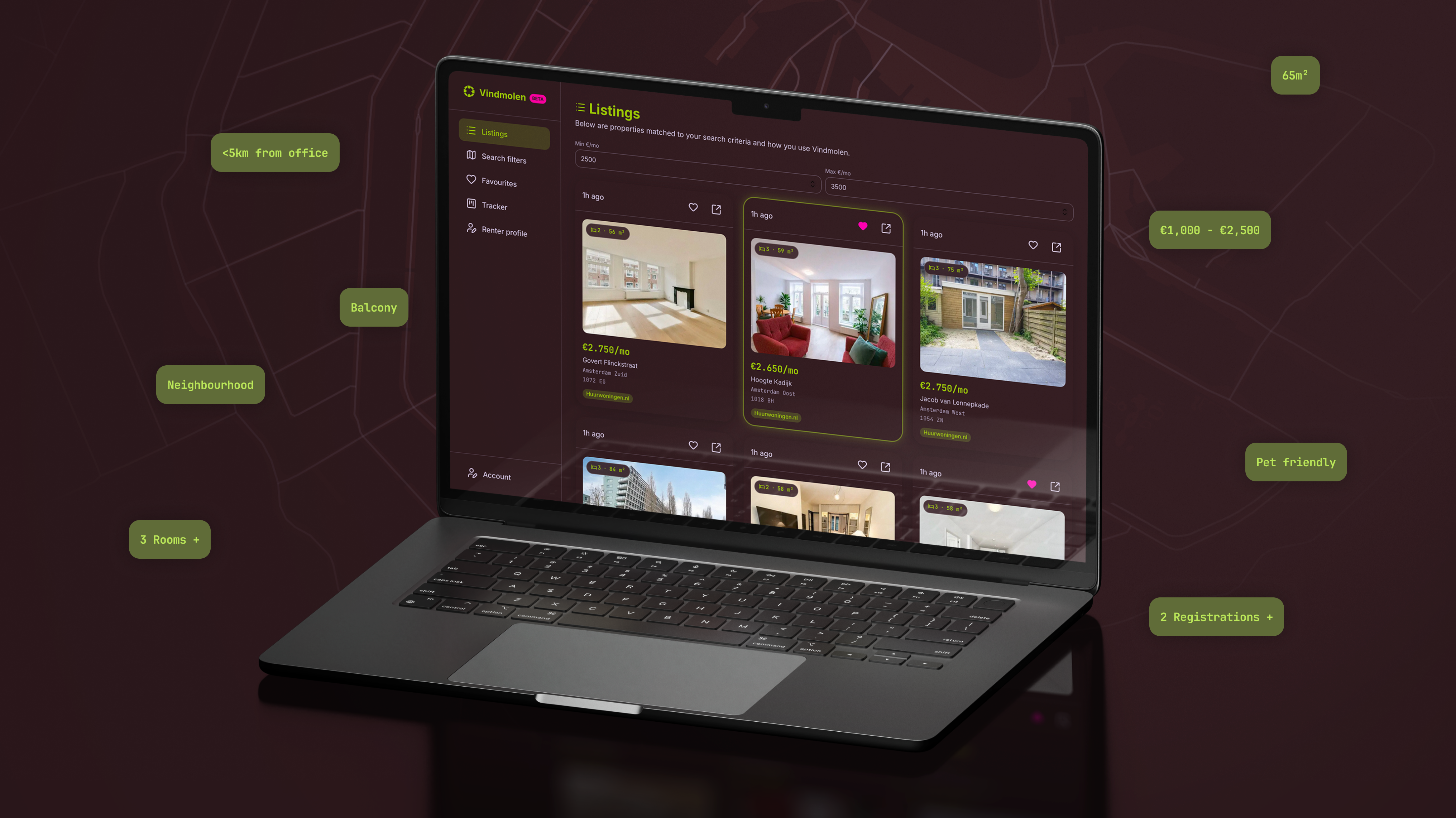 Vindmolen — laptop hero with Listings dashboard on a map-pattern background